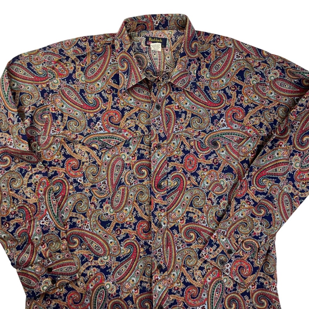 Ruddock Bros Western Shirt Mens XL Navy Red Paisley Long Sleeve USA Made Vintage